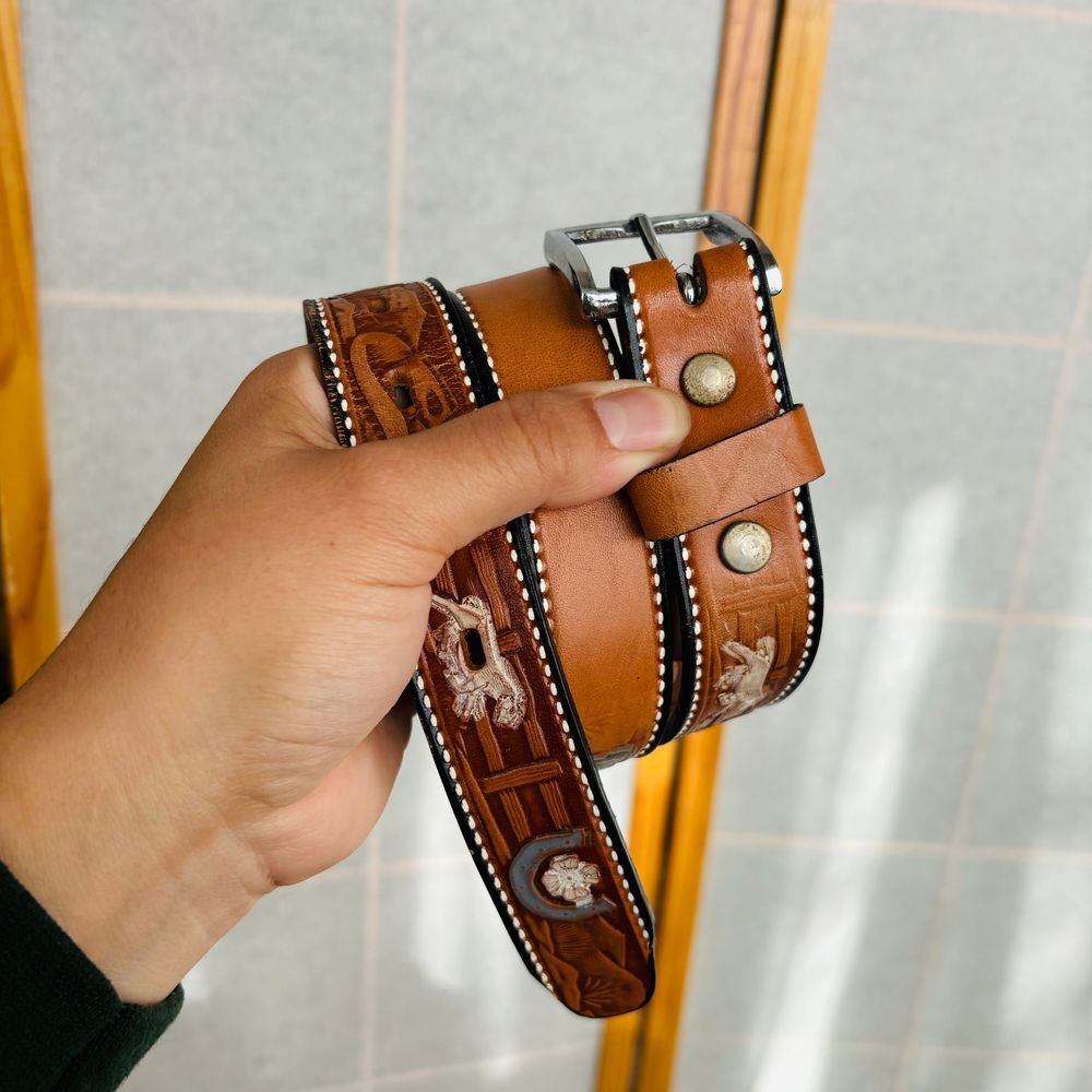 Men's Handcrafted Western Leather Belt‎ with Embossed Design Cowboy Rodeo Style